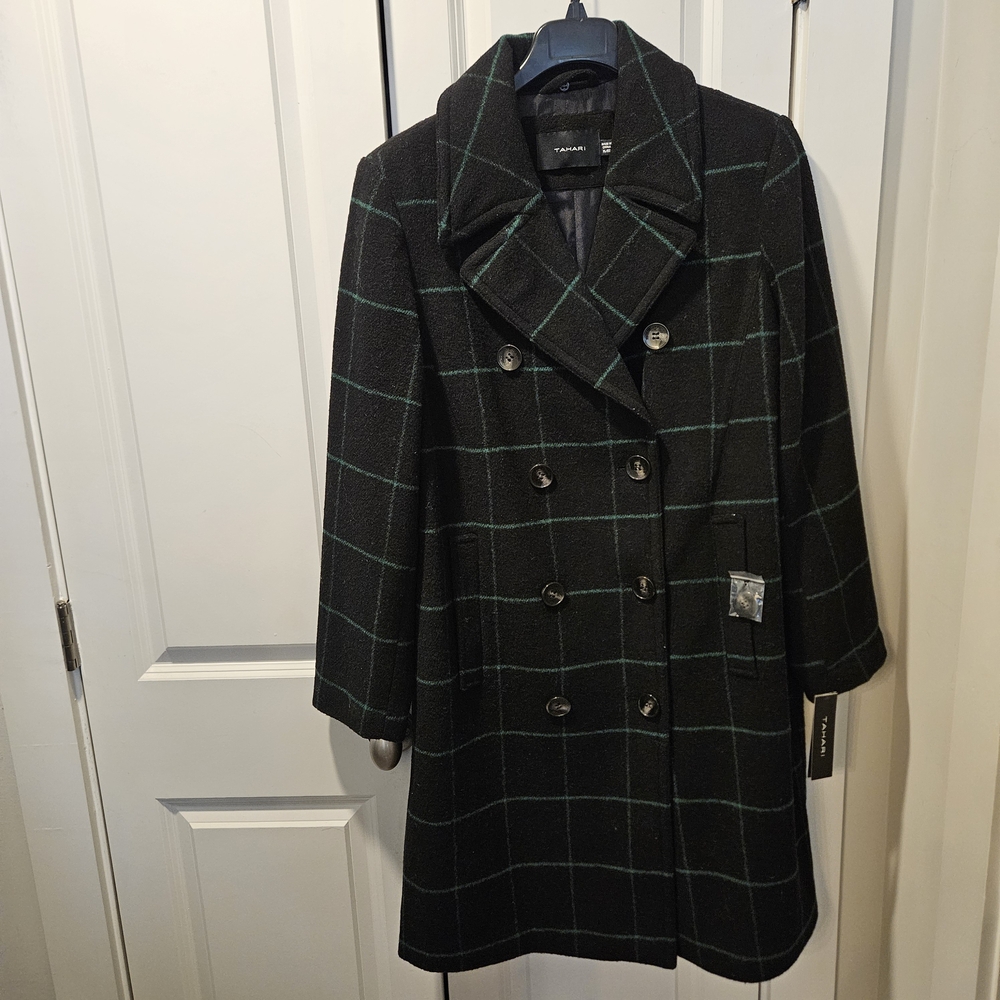 Tahari Black and Green Checkered Coat